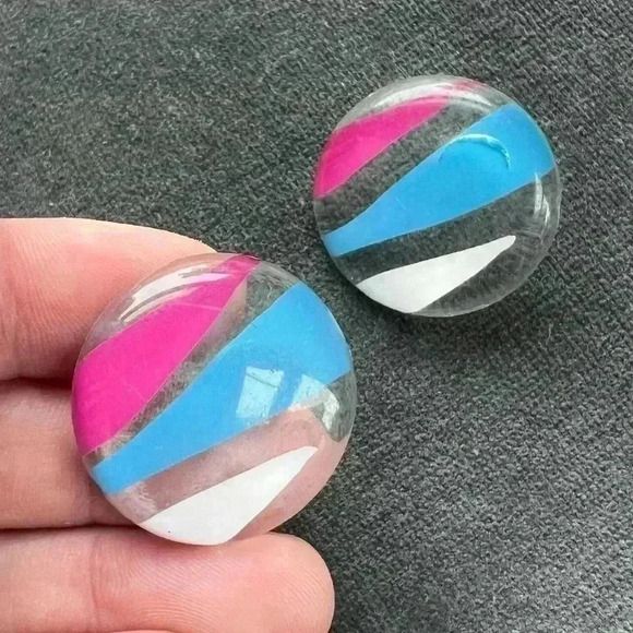Vintage Pink & Blue Acrylic Earrings Circular 80s fun boho - Picture 1 of 6